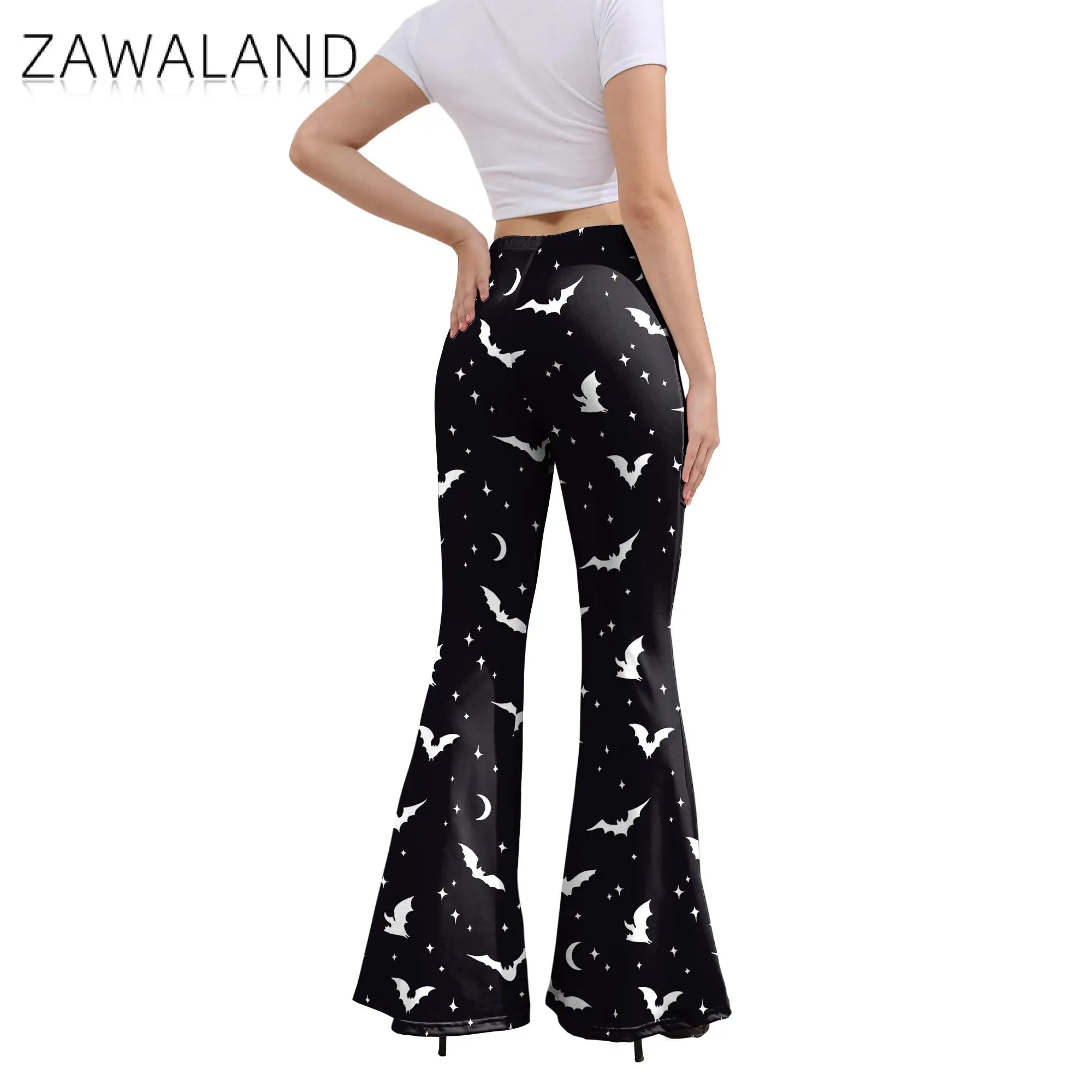 Zawaland Rozkloszowane Spodnie Dla Kobiet Legginsy z Wysoką Talią Lady Holiday Party Moda Cosplay Halloween Straszne Spodnie z Nadrukiem Dyni