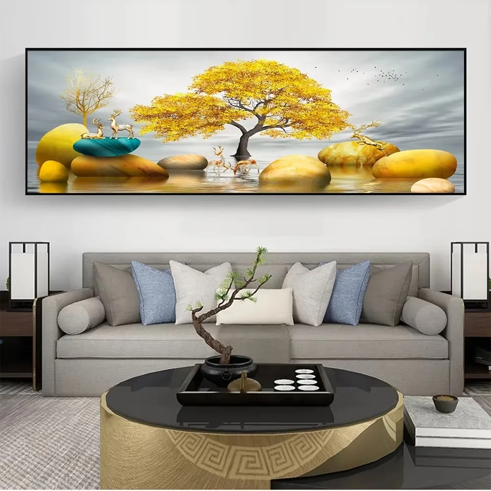 Modern Abstract Golden Tree and Stone Poster and Prints Pictures Landscape Canvas Painting Wall Art for Living Room Home Decor