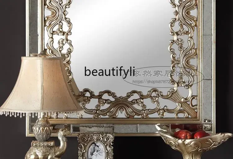 Yy الأوروبي مربع الخشب نحت العتيقة الجدار مرآة الزخرفية مدخل الفن زخرفة الخلفية الموقد مرآة معلقة #5