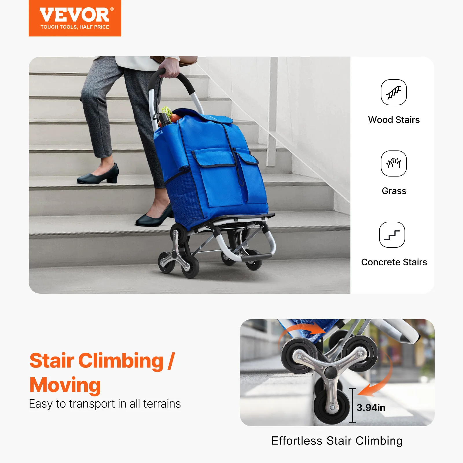 VEVOR 36L Folding Shopping Cart Stair Climbing Handcart with 6 Wheels & Oxford Cloth Bag Hand Truck for Grocery Laundry Storage