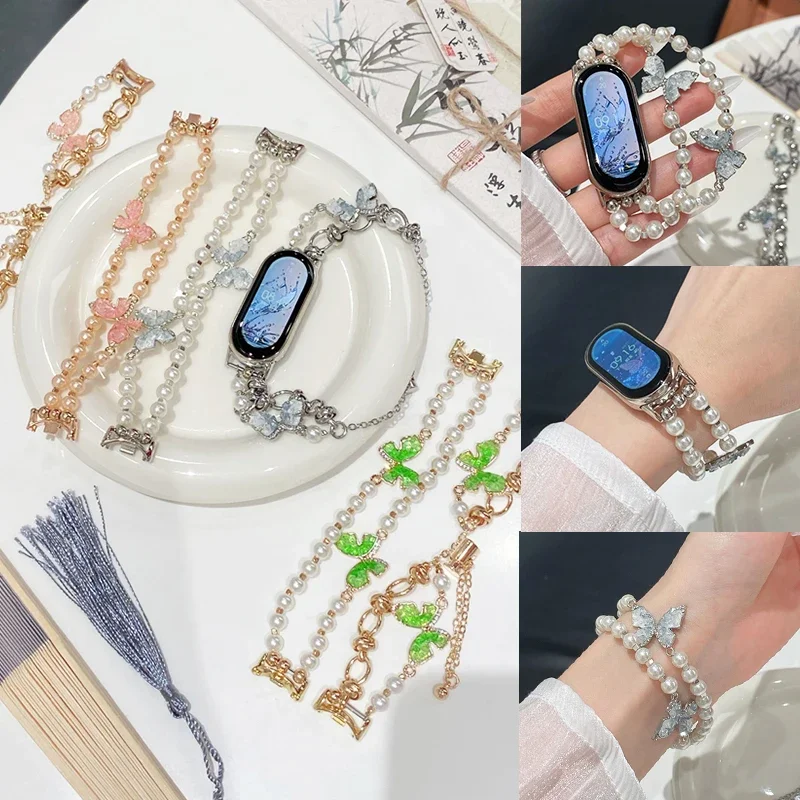 

Fashion Butterfly Bead Bracelet for Xiaomi Mi Band 9 8 7 6 5 4 3 Women Pearl Link Strap for Mi Band 7 Watchband Replacement Belt