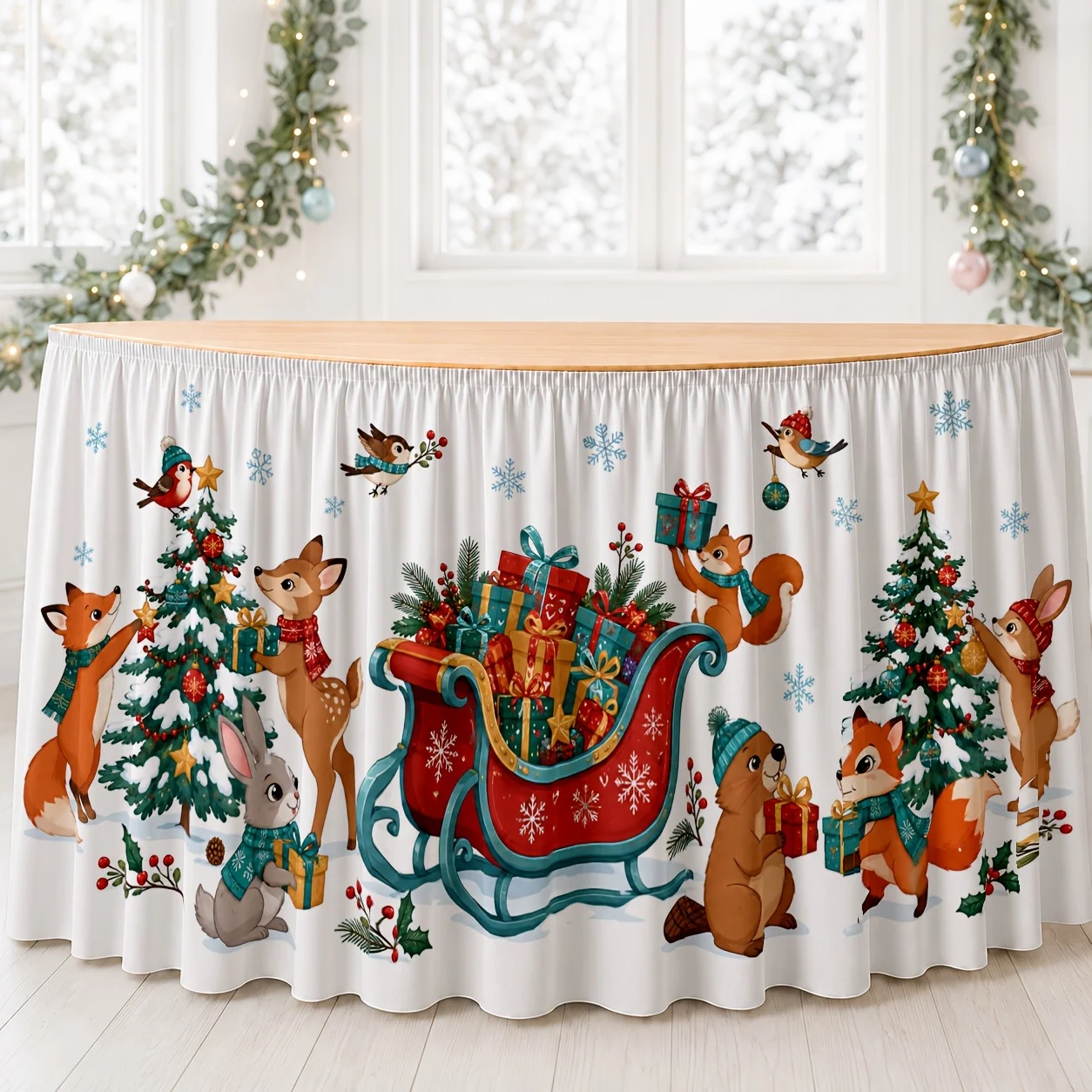 Table skirt/tableskirt Christmas, snow scene, forest, animals, gifts, reindeer, squirrel, rabbit, winter, festivals