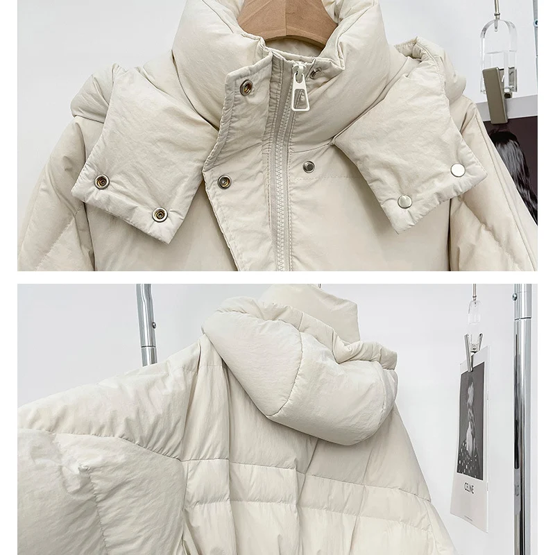 Schinteon Women White Duck Down Jacket with Hood Autumn Winter Warm Outwear Casual Over Size Loose Knitting Patchwork Coat 2023