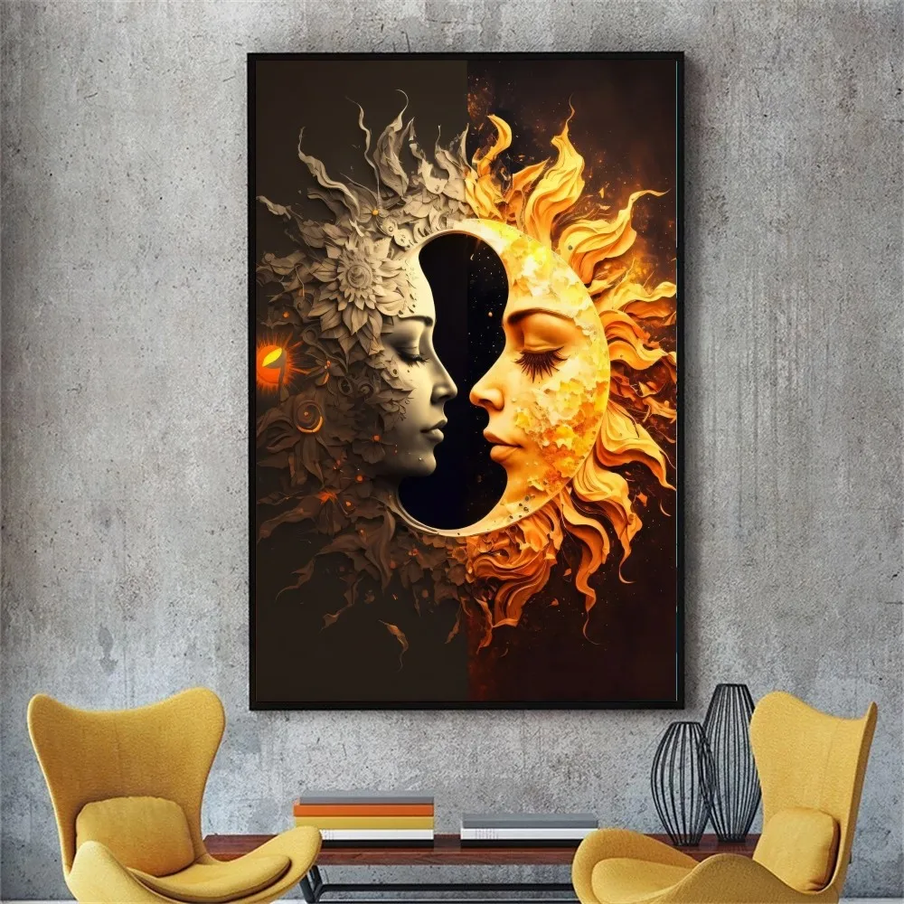 Vintage Sun And Moon Poster Posters Kraft Paper Vintage Poster Wall Art Painting Study Aesthetic Art Small Size Wall Stickers