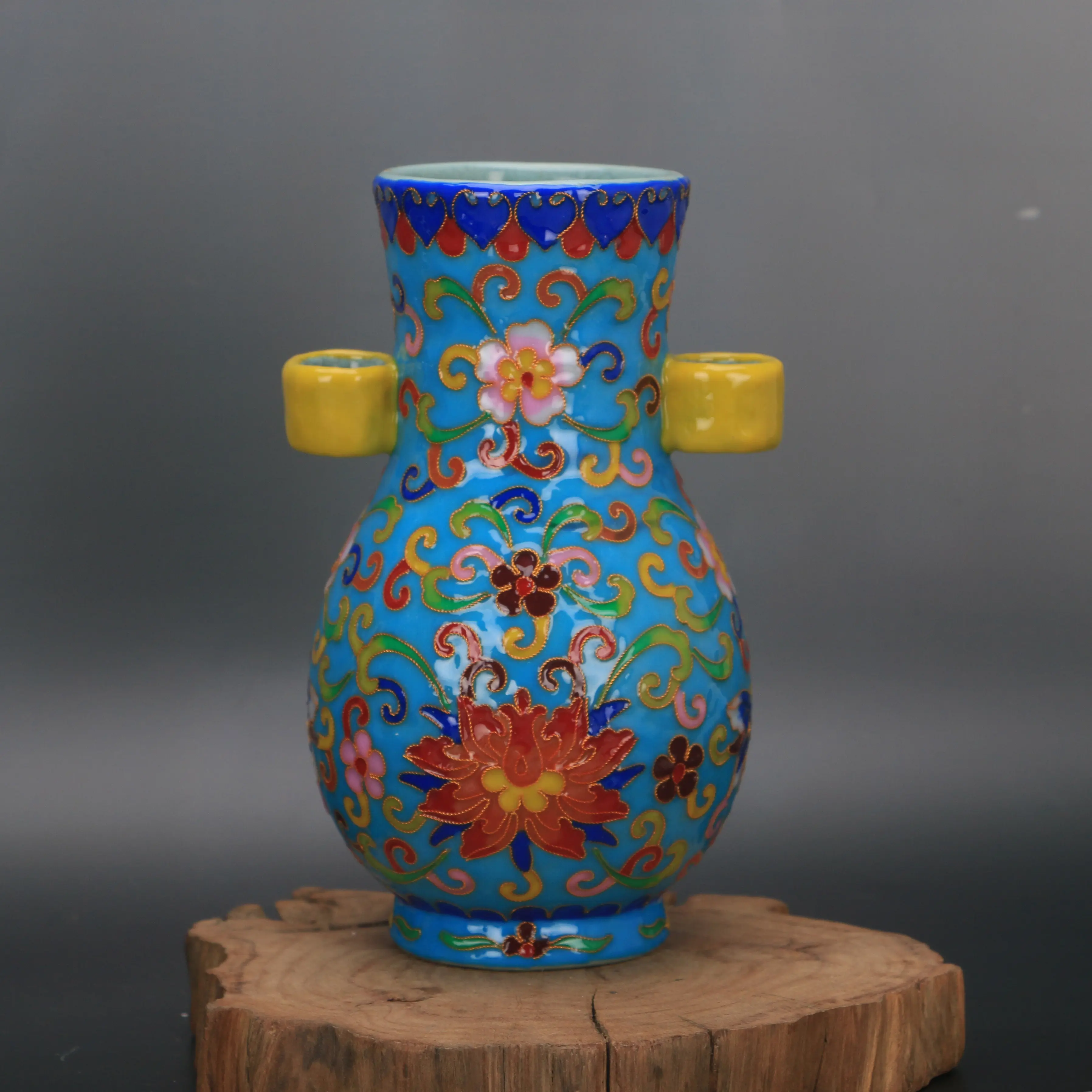 Qing Style Blue Cloisonne Enamel Lotus Pierced Ear Vase Vintage Chinese Ceramic Home Decor Collectible