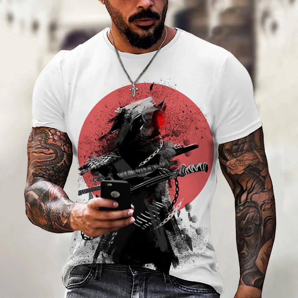 Samurai Muster T-Shirt Mode lässig Tops Herren T-Shirt Kurzarm Kleidung Sommer lose Anime japanische 3D-Stil Bluse