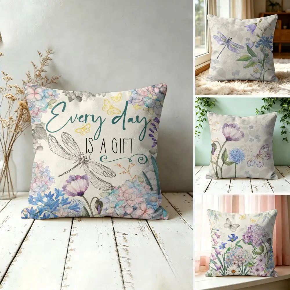 Flowers Butterfly And Dragonfly Cushion Cover Silky Short Plush Invisible Zipper Dustproof Sofa Pillow Case For Home Decor