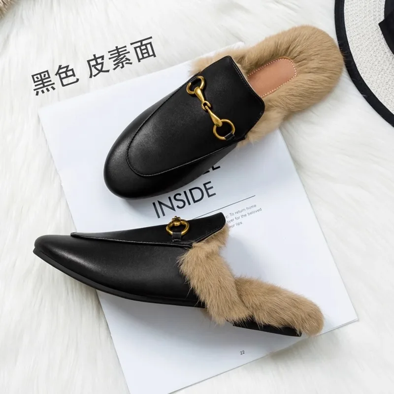 Baotou Horse Buckle Outside To Wear Rabbit Hair Flat Bottom Plus Cashmere Warm Fashion All Comfortable Non-slip Female Slippers