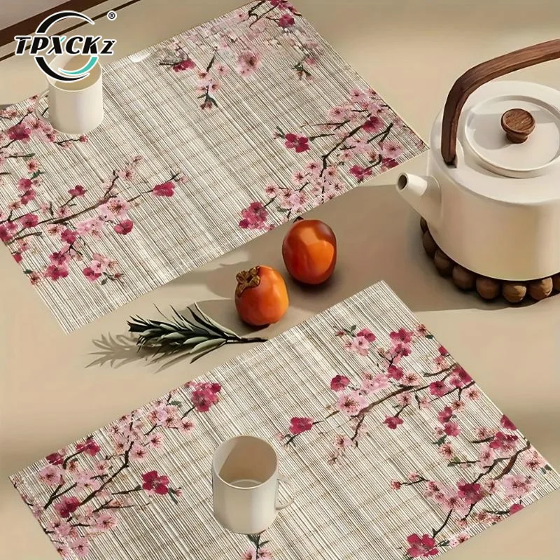 SL 1pcs Japanese-Inspired Blossoms & Bamboo Placemats | Square Linen Table Mats With Muted Pink Cherry Blossoms