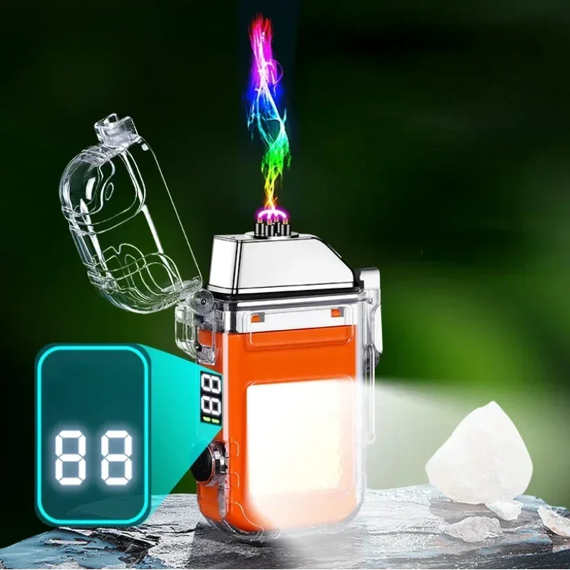 New Outdoor Waterproof Rechargeable Dual Arc Lighter with Light Digital Power Display Type-C Rechargeable Cigarette Lighter