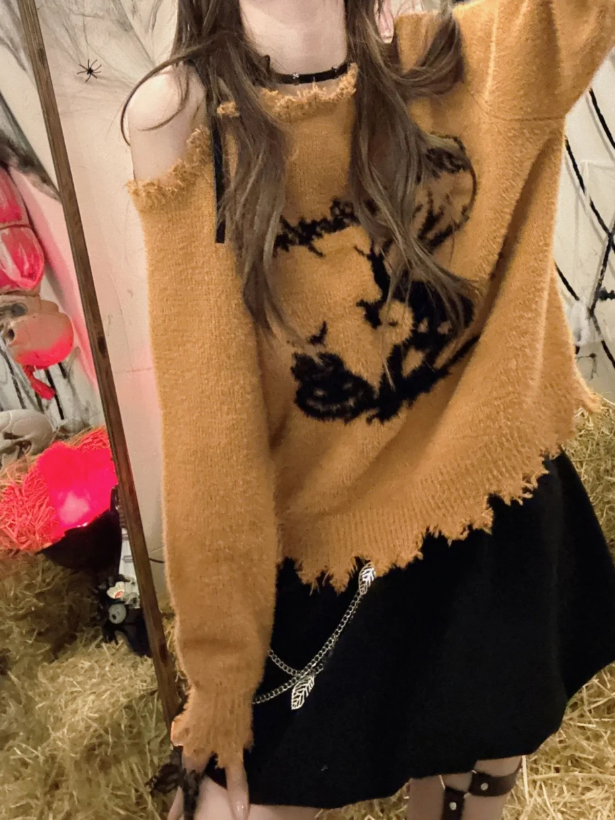 Street Sle Witch Pumpkin loween Maglione da donna Autunno Inverno Arancione lavorato a maglia o spalla Bared Top Pure Desire Loose Fit