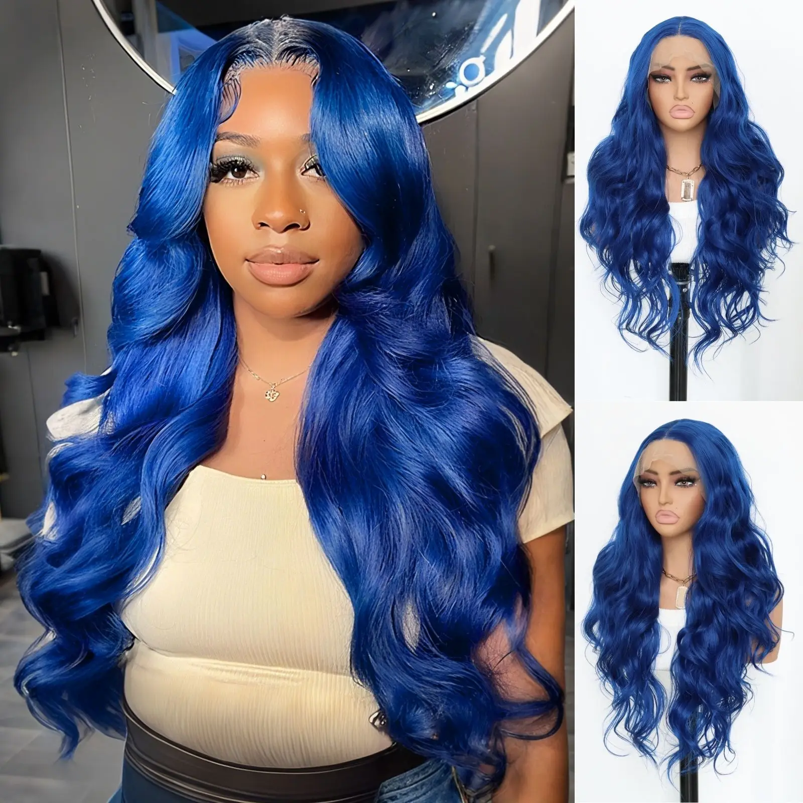 

Темно-синий парик Синий парик фронта шнурка Предварительно выщипанный длинный объемный парик 13x4 Парик шнурка Темно-синий цвет Синтетический парик фронта шнурка 26 дюймов