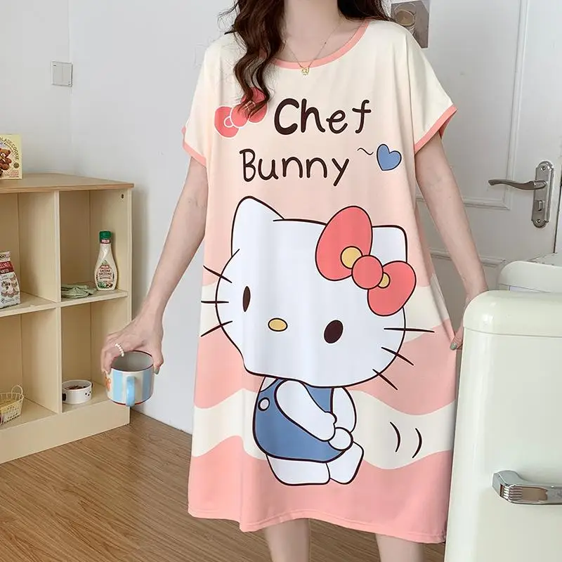 

Сексуальная футболка Sanrio Girl, юбка для сна, летняя кавайная юбка в стиле аниме «Hello Kitty», модная одежда с круглым вырезом, одежда для отдыха, юбка