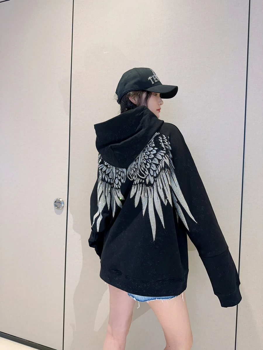 Luxury Trendy Women Sweaters Around Big Wings Hot Drilling Hooded Top Streetwear Mid-long Rhinestone Oversize Sweatshirt UNISEX