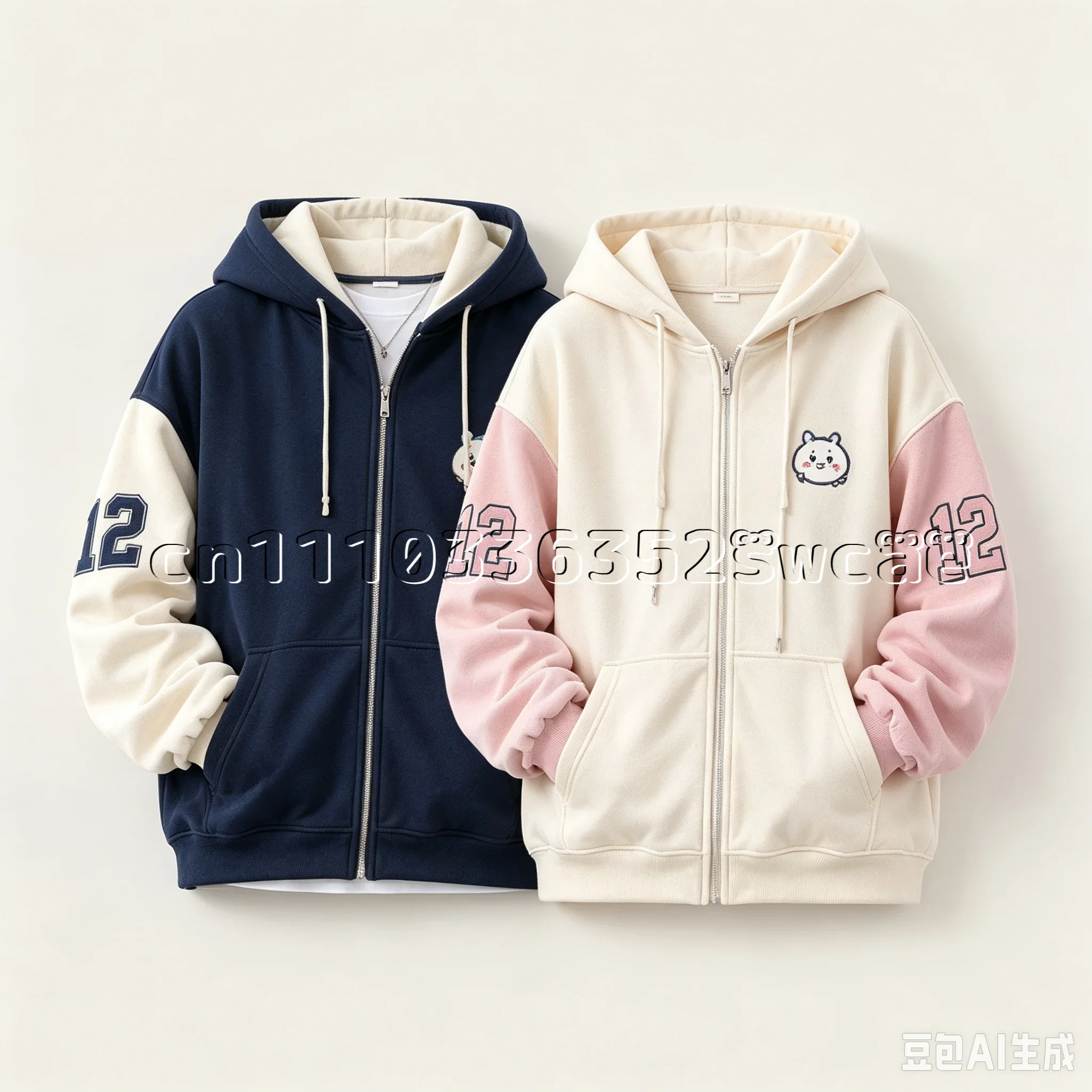New Chiikawa Zip Up Hoodie Fall Winter Color Block Cartoon Print Couple Sweatshirt Jacket FamilyMatching