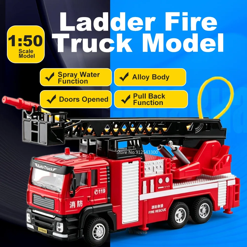 

1:50 Ladder Water Tank Fire Truck Car Model Toy Alloy Body Sound Light Cars Spray Water Pull Back Vehicle for Kids Presents