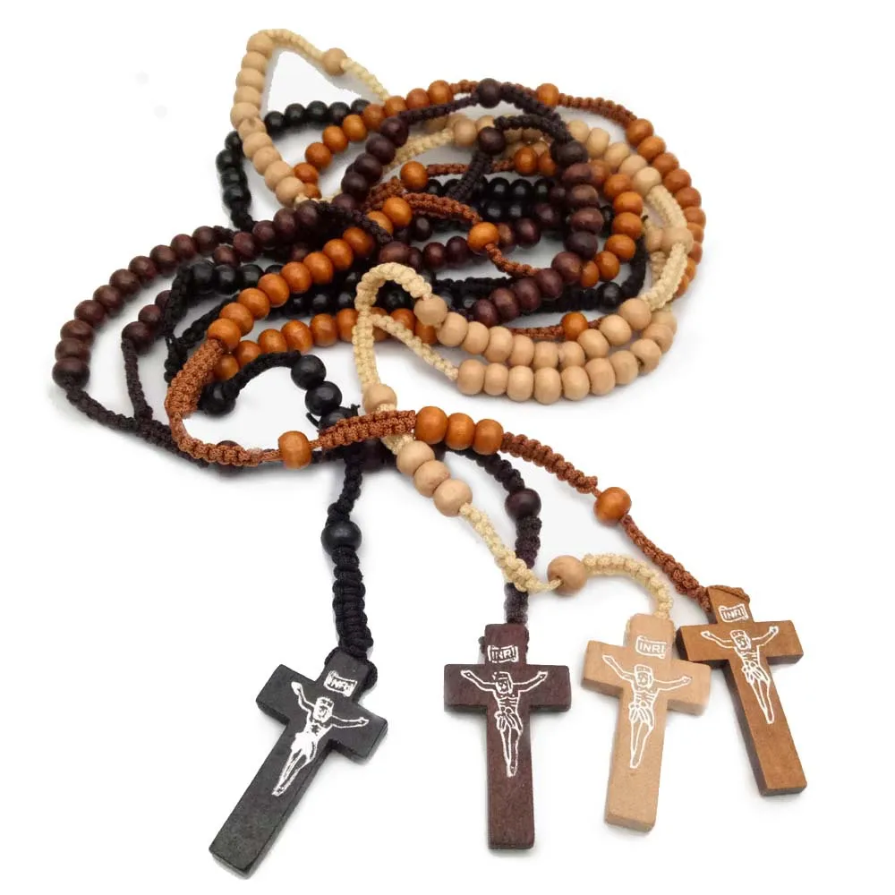 Christ Jesus Wooden Beads 8mm Rosary Bead Cross Pendant Woven Rope Chain Necklace Religious Orthodox Praying Jewelry Chain Decor