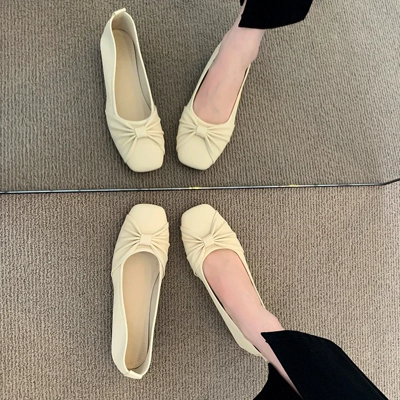 2024New Fashionable Spring and AutumnSquare Toe Shallow Mouth Pleated Bow Casual Simple Soft Sole Lightweight Women's Flat Shoes