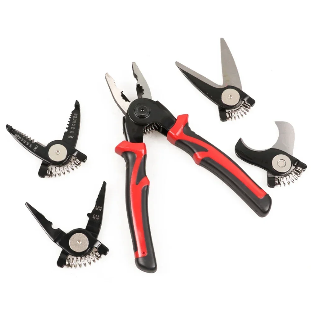 5-in-1 Multi-functional Pliers Set,Interchangeable Plier Heads Steel Wire Pliers,Wire Stripper,Cable Clamp,Crimping Pliers