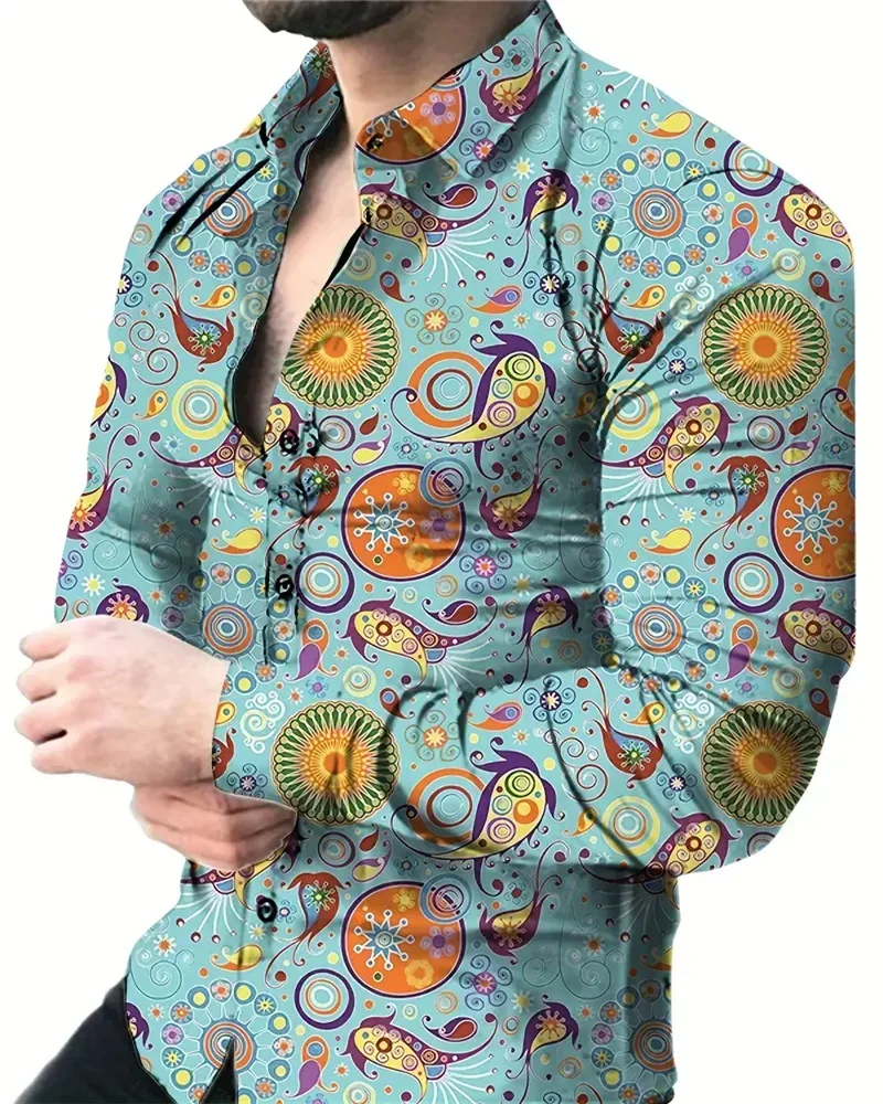 Colorful Digital Printed Men's Chic Long Sleeve Lapel Button-Down Shirt, Spring and Autumn Men's Casual Oversized 6XL Tops 2025