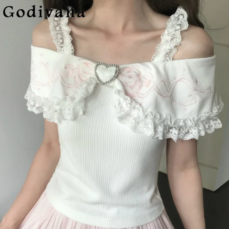 Summer New Japanese Sweet Slash Neck Lace Heart Shape Short Suspender Top Fashion Slim Cute Women White Embroidered T-shirt