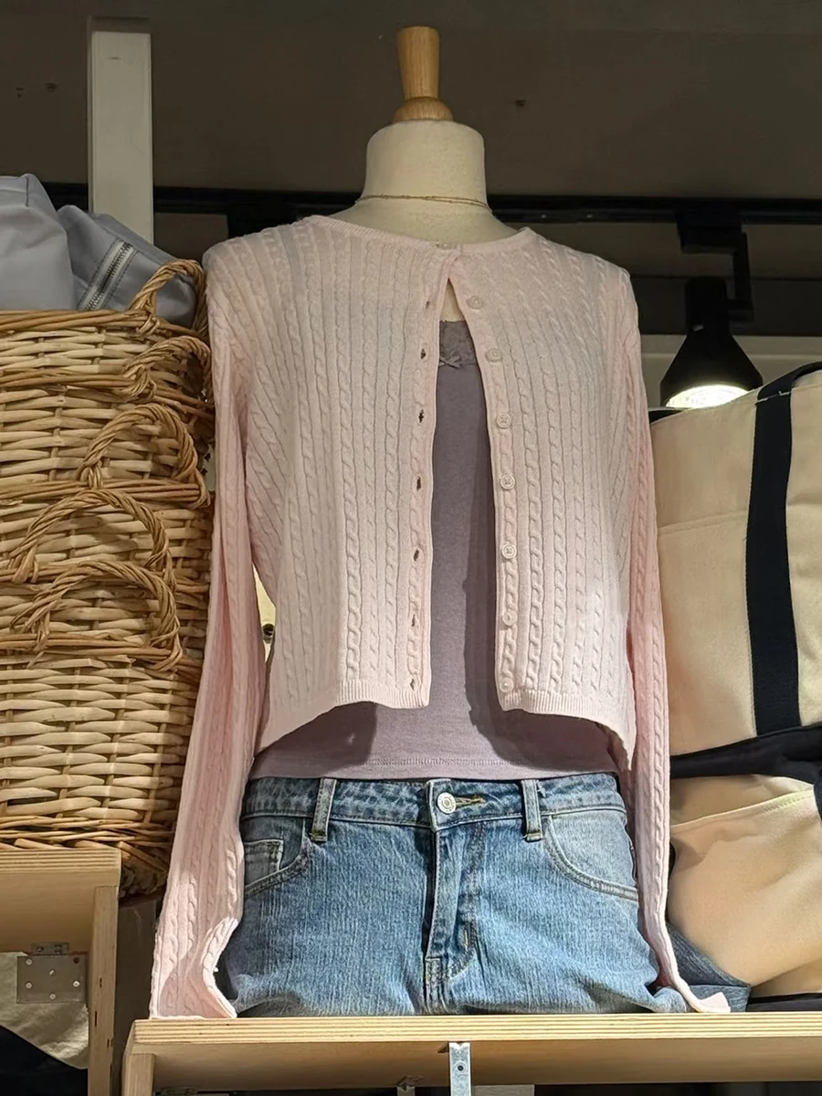 Twist Flower Baby Pink Sweater Cardigan Woman Autumn O-neck Single Breasted Long Sleeve Crop Top Cotton Sweet Cute Knitwear Tops