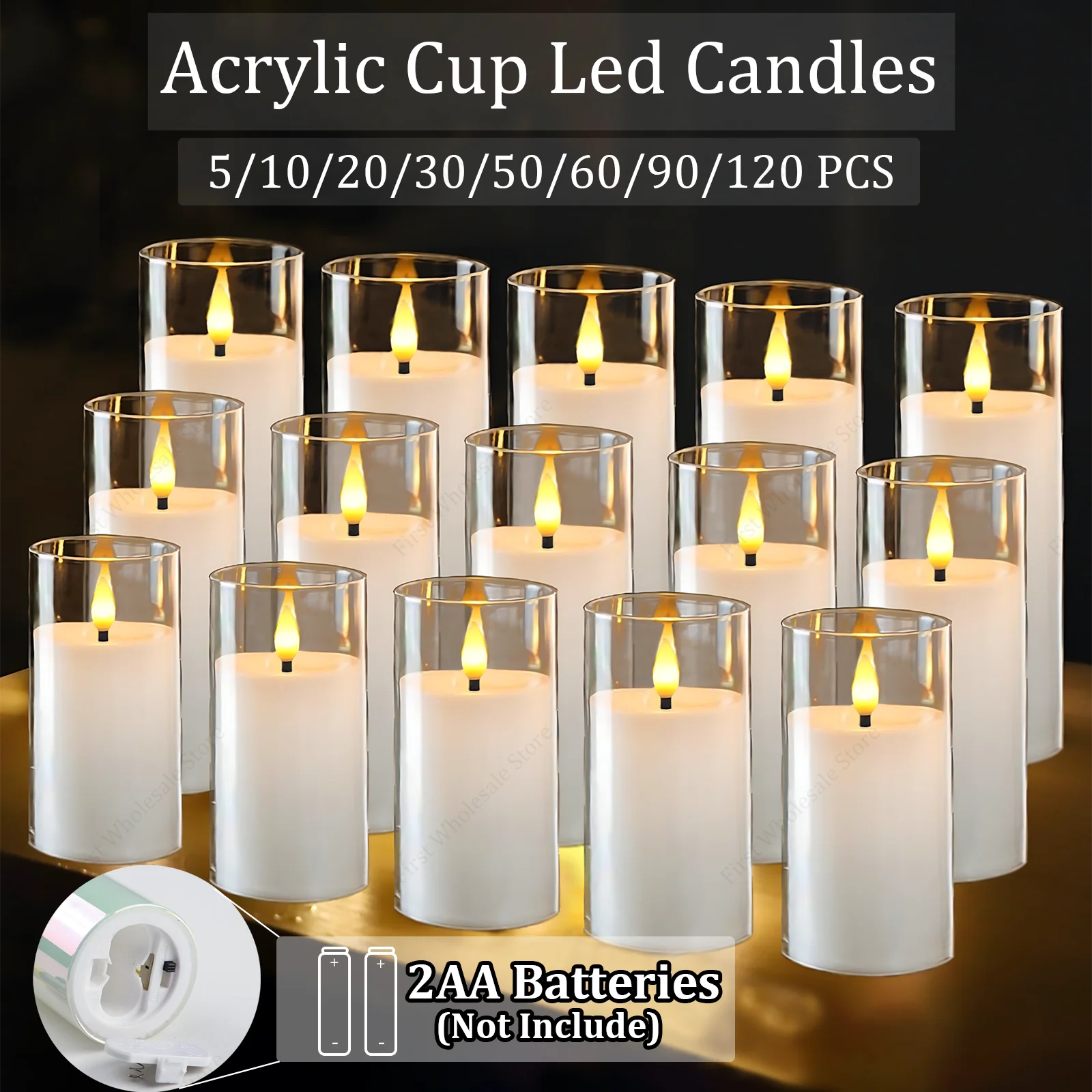 5-120PCS Pure White Acrylic Cup Led Candles Wedding Battery Operated Candles Flameless Fake Candles Romantic Ambiance Home Decor