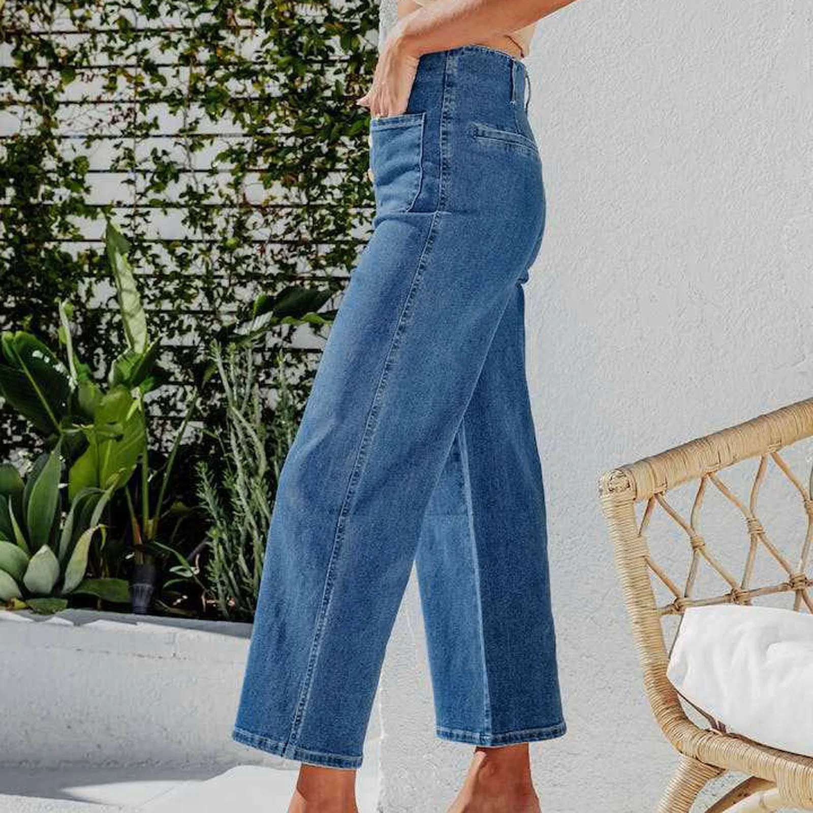 Nouveau pantalon en Denim décontracté taille haute pantalon droit à jambes larges femmes couleur unie coupe ajustée pantalon de mode avec bouton