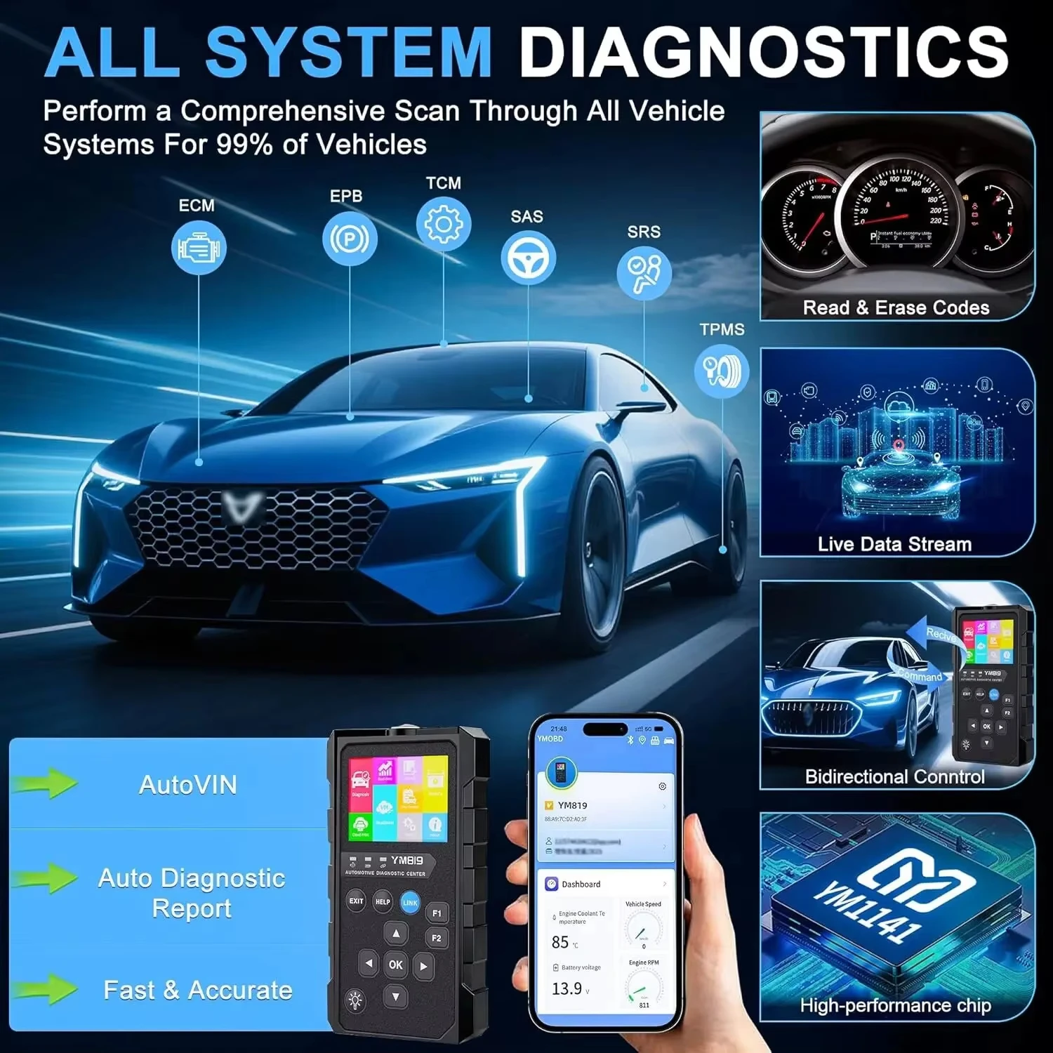 YM819 Vehicle OBD Scanner Wireless Car Diagnostic Tool With 96000+ DTC Library Battery Test Full OBD Smog Check