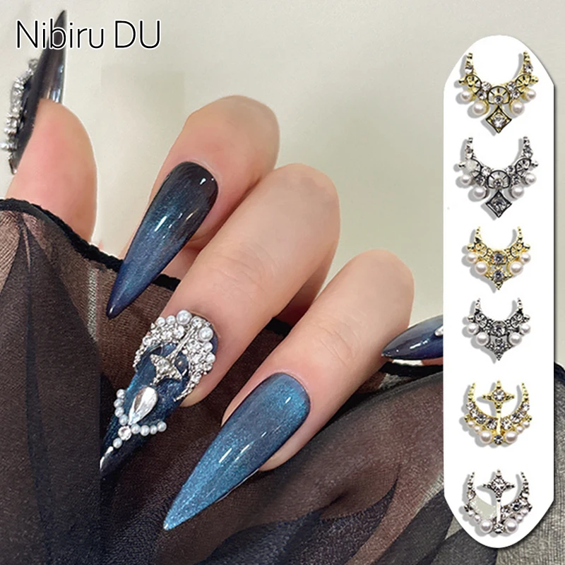 10Pcs 3D Zircon Alloy Nail Art Decorations Baroque Court Style Diamond Pearl Star Moon Manicure Decorations DIY Nail Accessories