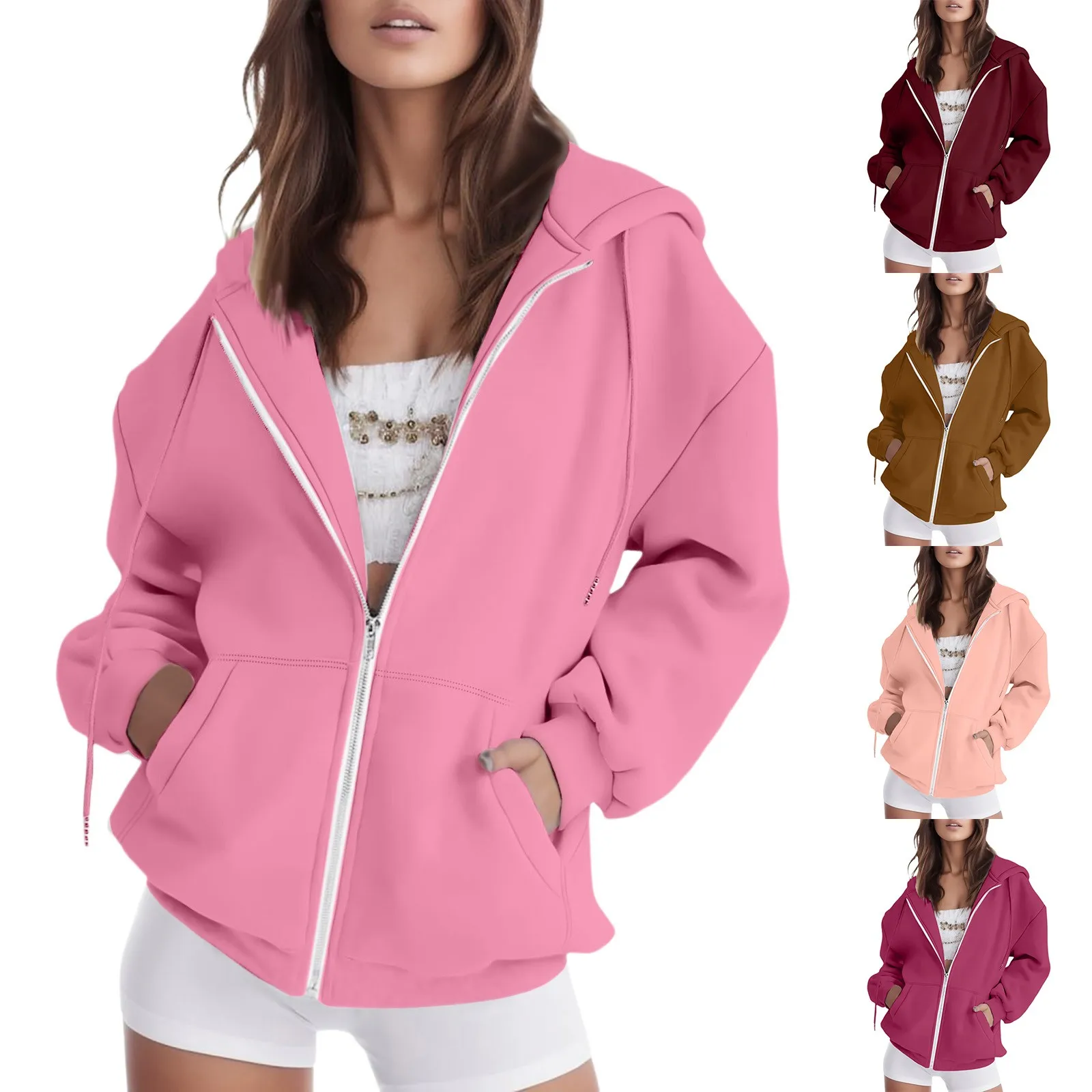 Plus Size Hoodie For Women Casual Solid Color Long Sleeve Zipper Hooded Coat Pocket Stitch Sweatshirt Tops Fleece Zip Up Jackets