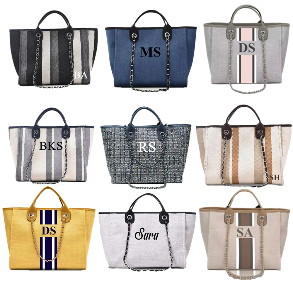 Personalised Monogram Canvas Tote Bag Initial Bag Handbag Beach Bag Bride Gift Birthday Gift Chain Tote Bag Christmas Gift Xmas