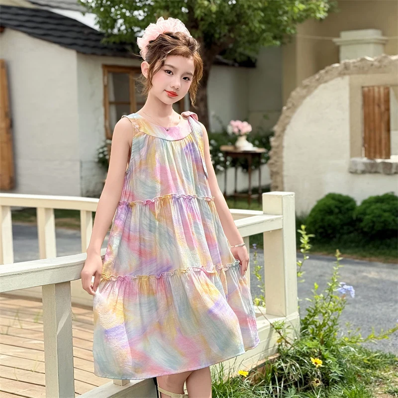 Mädchen Sommerkleid Baby Mädchen Neckholder Ärmelloses Kleid Kind Ölgemälde Druck A-Linie Sommerkleid Kinder Strandkleid