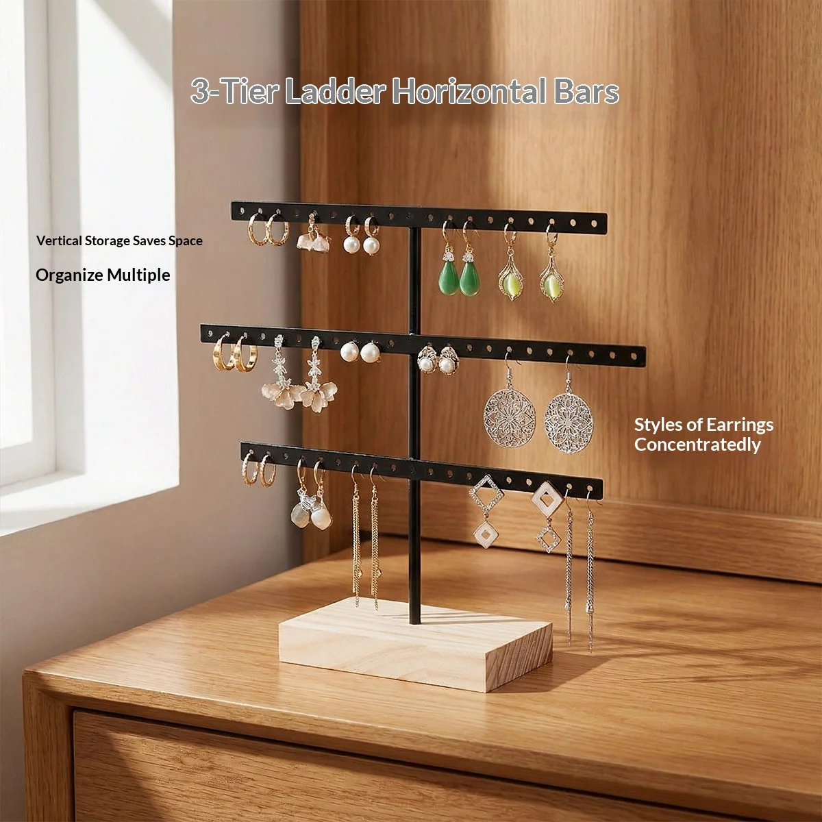 1 Pcs 52 Holes Earrings Display Stand Metal Necklace Bracelet Anklet Stud Earring Jewelry Storage Rack Holder With Wooden Base