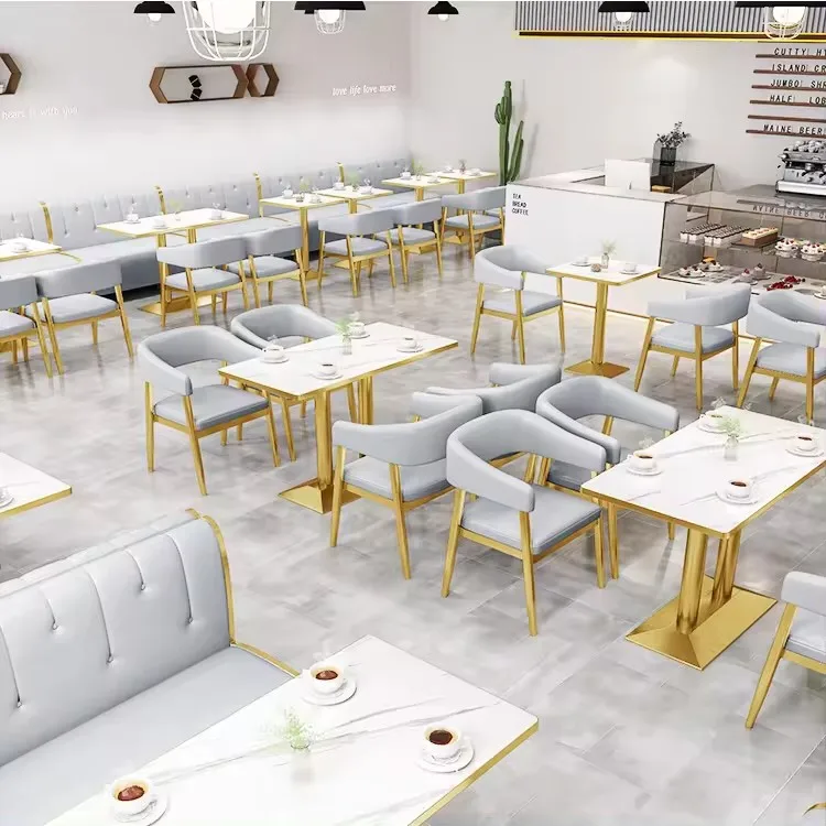 

Customized Restaurant Booth Seating Set Marble Top Golden Dining Table And Chair Sofa Set Cafe Coffee Shop