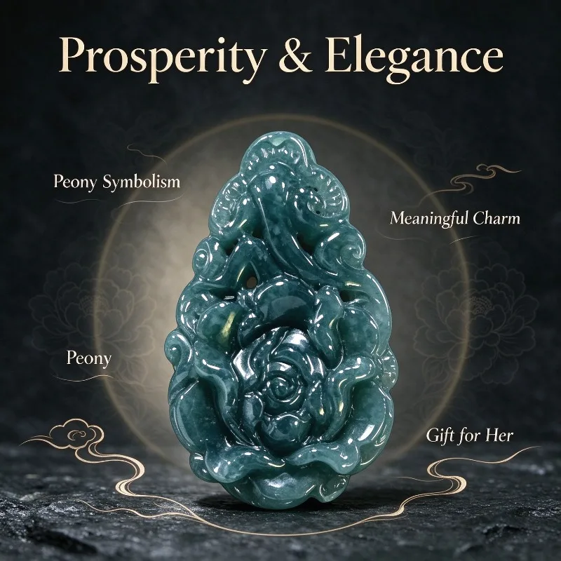Natural A Grade Burmese Blue Water Jadeite Pendant Hand Carved Peony Flower Amulet Jade Floral Necklace Charm Lucky Jewelry Gift