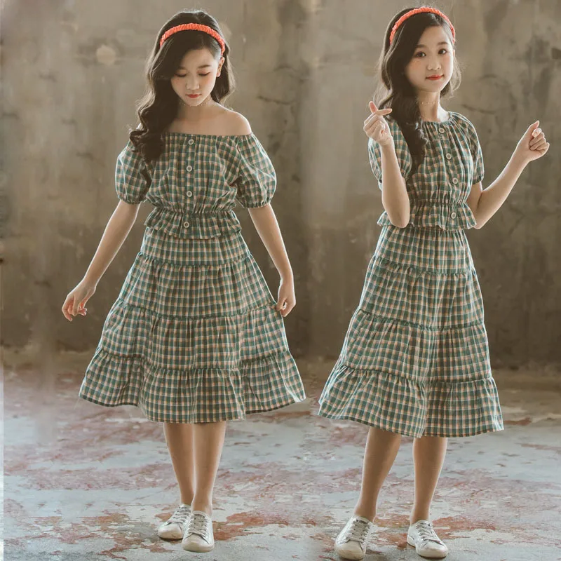 Plaid T Shirt Skirt Set for Children 2023 Summer Kids Outfits Fashion Green Teen Girls Clothing Set Kids Clothes 8 10 12 Years