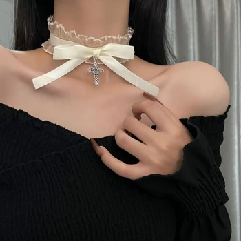 Schwarz weiß Spitze Halskette Band Bogen Gothic Kreuz Anhänger Kragen für Frauen Mädchen süße Lolita Schmuck neue Halsreif