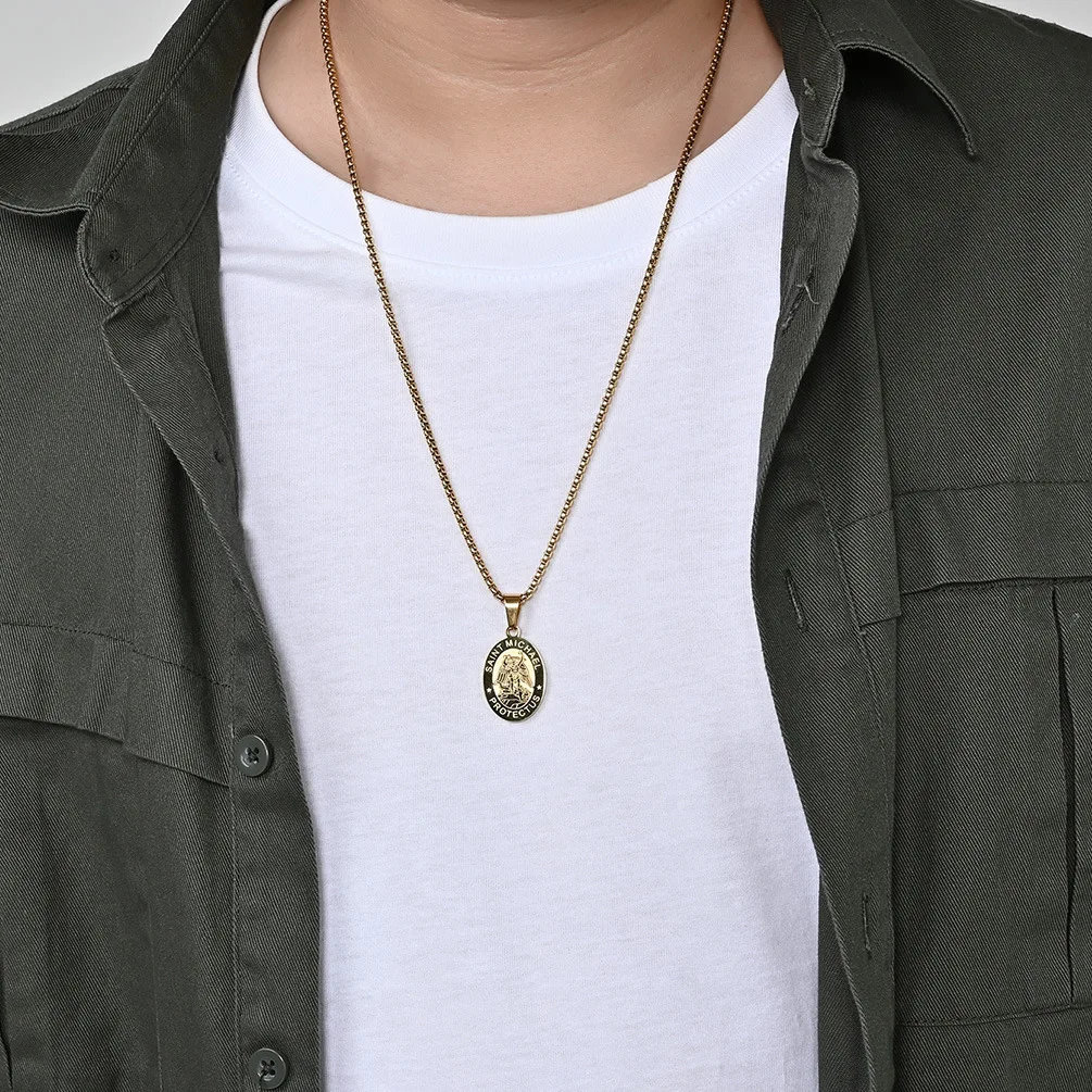 Saint Michael Pendant Necklace for Men Stainless Steel Christopher Medal Archangel Catholic Religious Male Gift Jewelry