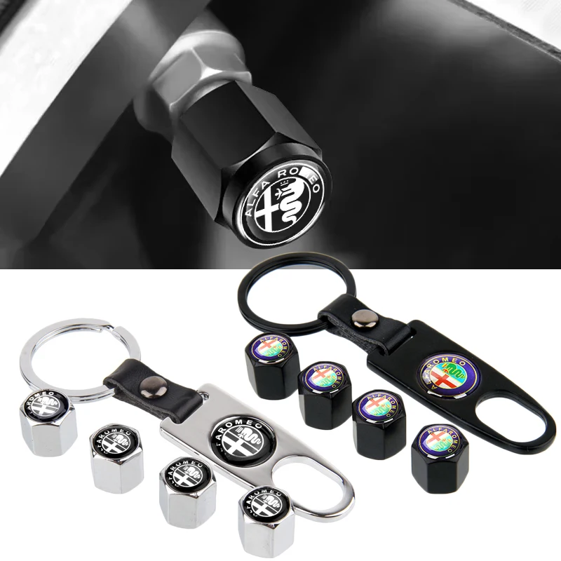 4PCS Car Wheel Tire Valve Caps with Keychain Decoration for Alfa Romeo 155 156 159 Mito Giulia GT Brera Giulietta Accessories