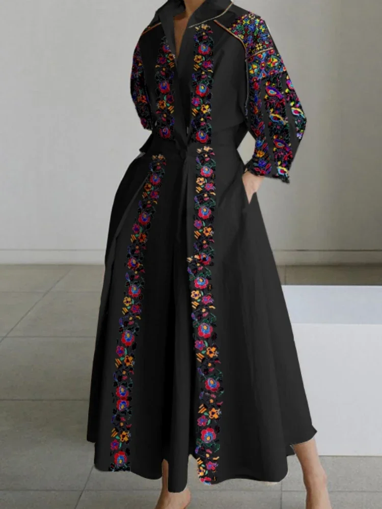 Women Shirt Dress Vintage Elegant A-Line Pleated Autumn Casual Lapel Collar Office Lady Female Floral Oil Paint Belt Midi Dress