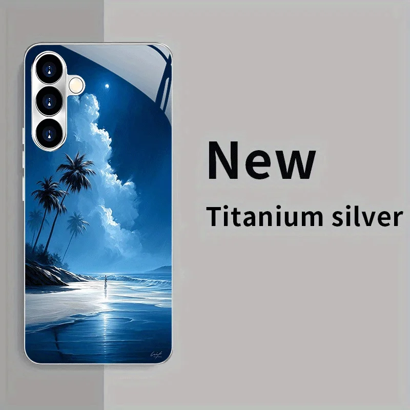 Blue Beach Coconut Tree Pattern Electroplated Glass Phone Case,Suitable for Samsung S26/S25/S24/S23/S22/S21/S20 and other models