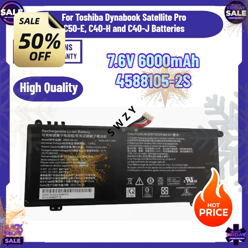 SWZY 7.6V 6000mAh 4588105-2S Laptop Battery for Toshiba Dynabook Satellite Pro C50-E, C40-H and C40-J Batteries NEW