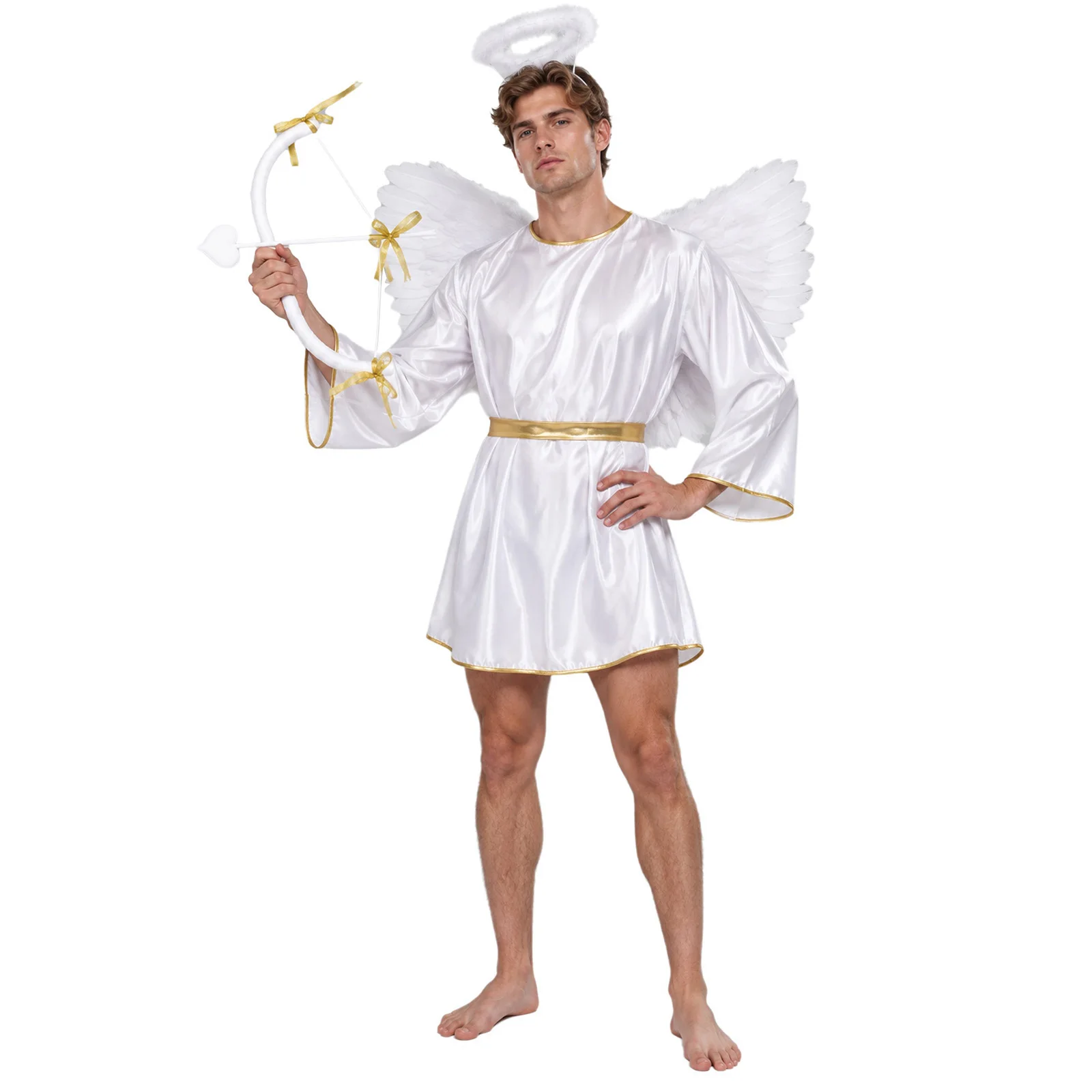 Mens Angel Cosplay Costume Halloween God of Love Cupid Outfit Gold Trim Batwing Sleeve Robe with Feather Wing Headwear Bow Arrow
