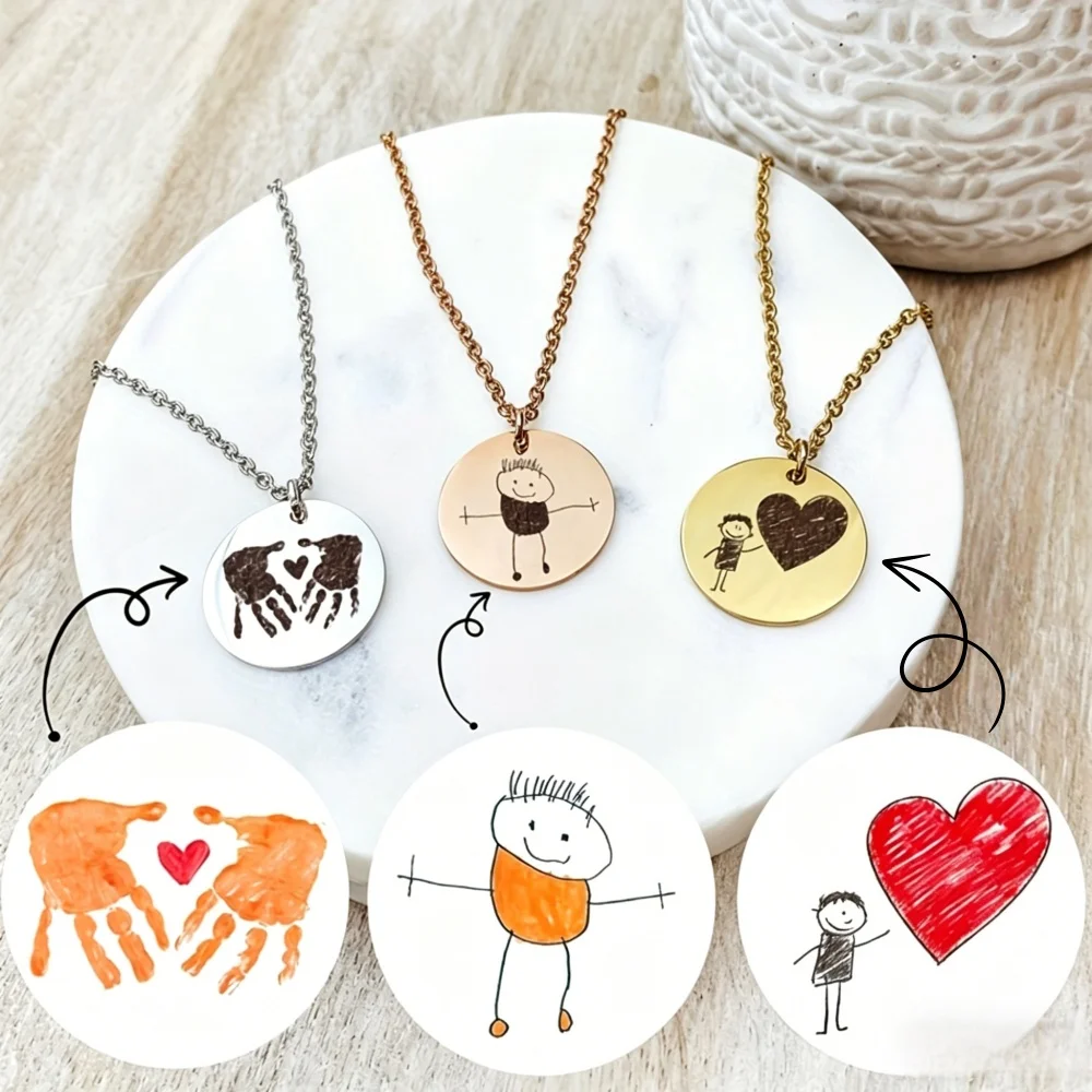 Cutsom Child Drawing Art Necklaces Hand-drawn Custom Engraved Pendant Necklace Stainless Steel Round Necklace Children's DayGift