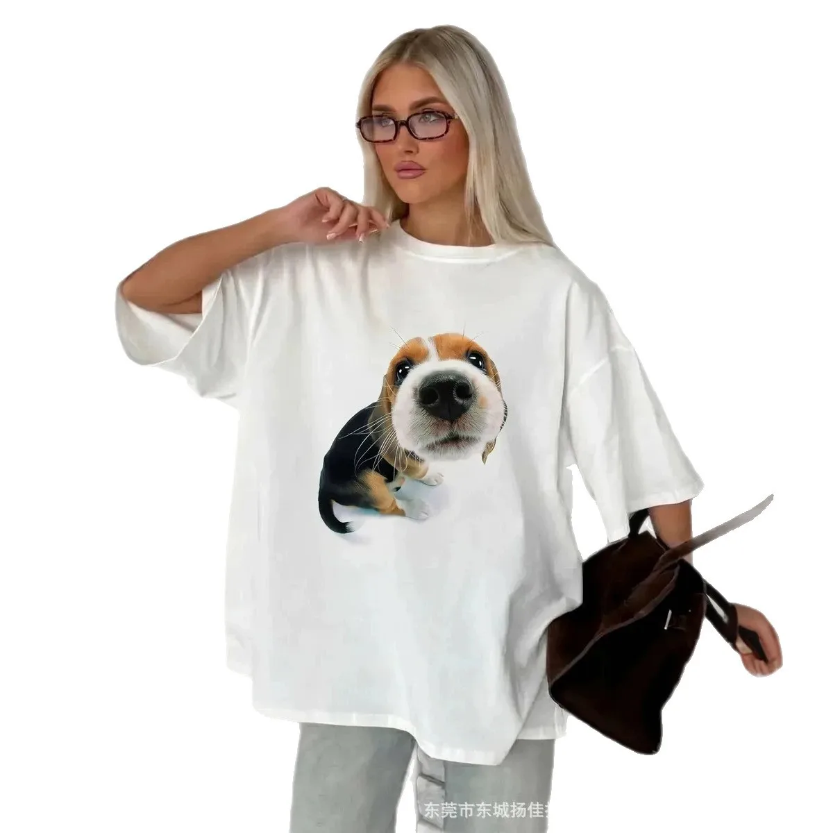 SWEET American Cute Pet Y2K Women's White Oversized Cotton T-Shirt Cute Realistic Beagle Puppy Graphic Casual Pet Lover Tee