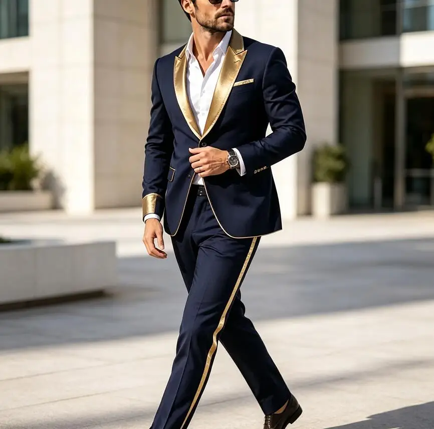 Classic 2 Piece Sets Navy Blue Men Suits Wedding Party Formal Groom Groomsman Prom Business Male Suit Party Tuxedos Jacket Pants
