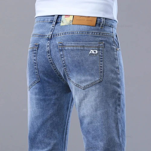 Imagen 2 del producto Pantalones vaqueros ajustados azul claro de primavera para hombre, pantalones vaqueros de tela elástica informales con estilo, pantalones clásicos gris humo