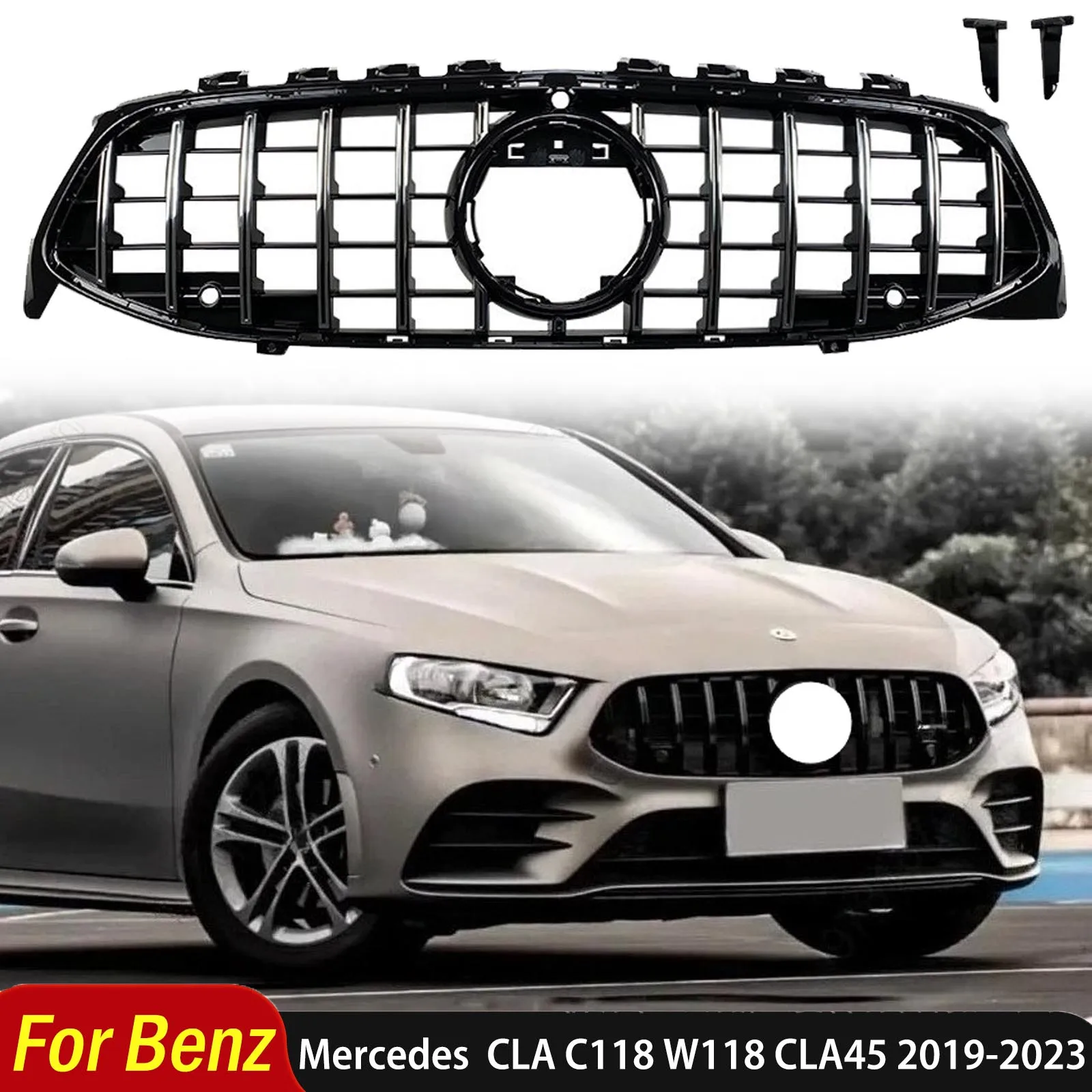 

For Mercedes Benz CLA C118 W118 CLA45 2019-2023 Car Front Bumper Hood Grill Racing Grilles Replacement Black GT Style Body Kit