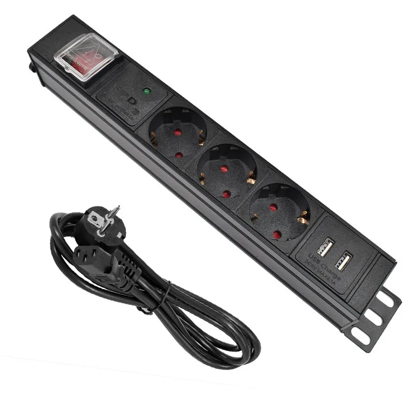 

Aluminum alloy 3 Ways PDU Power Strip EU Power Strip Socket with IEC-C14 Port Outlet extend with 2 USB Lightning protection